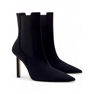 Black Neoprene Pointed Toe Stiletto Chelsea Boot Gold Heel Cap 11.5 NEW